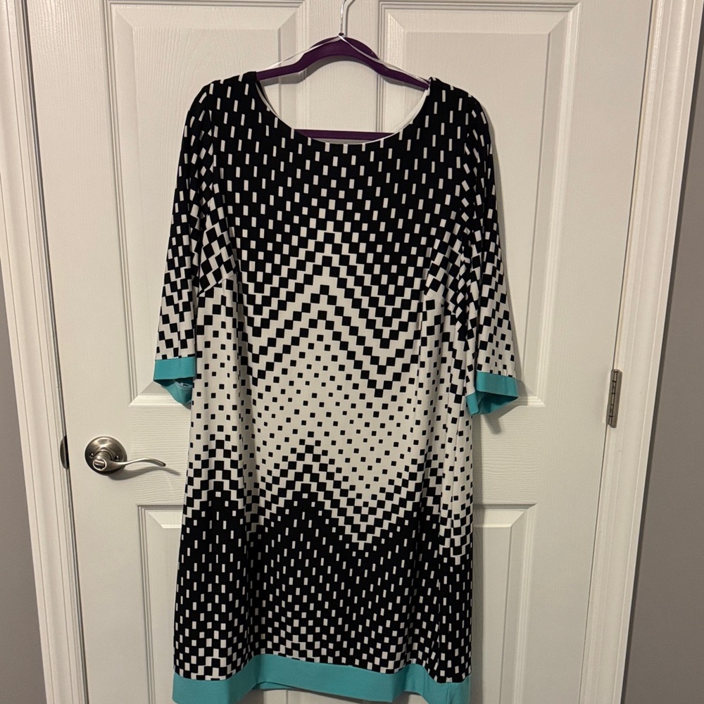 Black and White Geometric Dress with Teal Accents